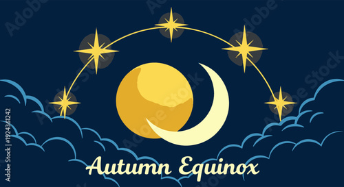 Autumn Equinox Celestial Scene with Golden Sun and Crescent Moon Starry Arc and Decorative Clouds