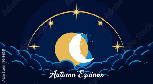 Dark Autumn Equinox Night Sky with Golden Moon Glowing Stars Elegant Arc and Soft Clouds