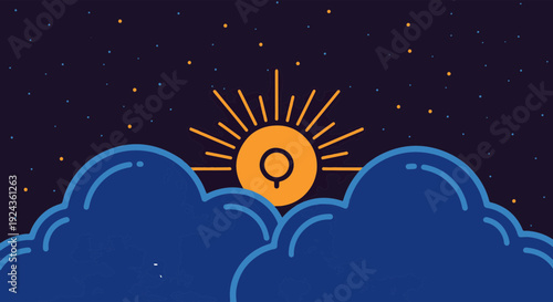 Stylized Sun with Bright Rays and Astrological Symbol Rising Above Dark Clouds in Starry Night Sky