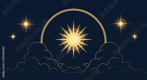 Art Deco Celestial Landscape Featuring a Vibrant Sun Sparkling Stars and Layered Dark Clouds