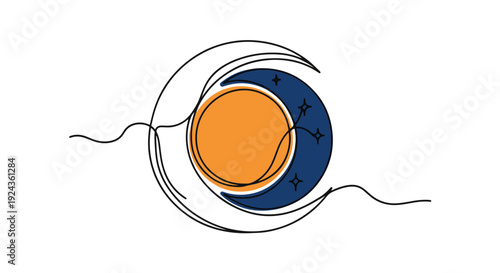 Stylized Cosmic Arrangement Showing a Vibrant Orange Sphere a Crescent Moon and Twinkling Stars