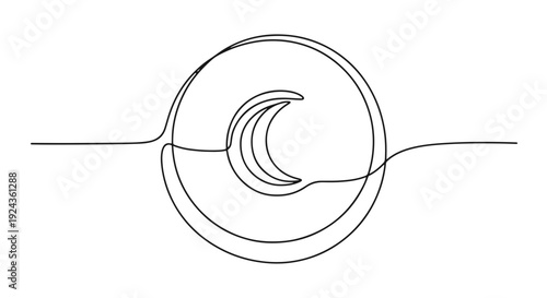 Abstract Continuous Line Artwork of a Crescent Moon Symbol Nested Within a Celestial Circular Design