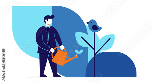 Man Watering a Small Growing Sprout a Bird Perches on a Flourishing Larger Plant
