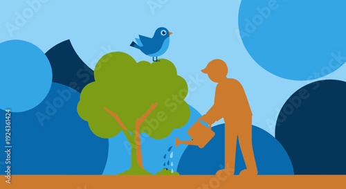 Man with Watering Can Caring for a Growing Tree While a Blue Bird Observes in Nature Setting