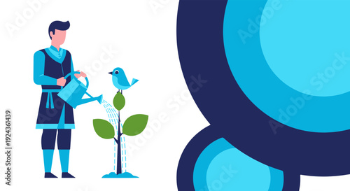 Male Figure Diligently Watering a Plant with a Bird Embodying Environmental Care and Growth Concepts