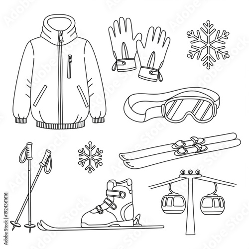A set of black and white line art illustrations of winter ski resort icons and equipment