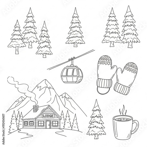 A black and white line drawing of a winter resort scene with a lodge, trees, ski lift, mittens, and a cup of hot coffee.