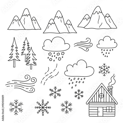 A set of minimalist line art winter weather icons including mountains, trees, clouds, snowflakes, wind, and a cabin