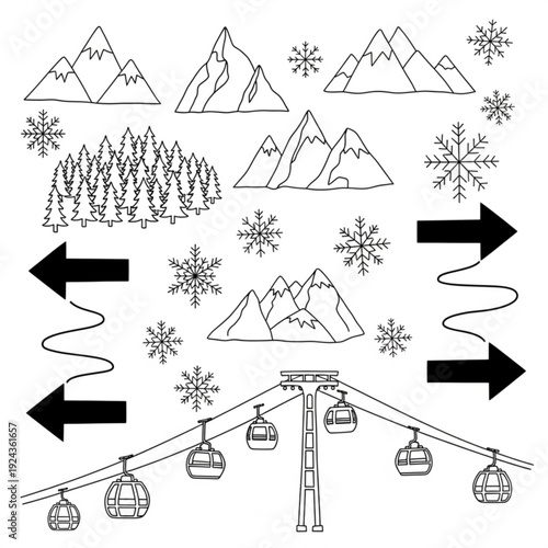 A black and white vector graphic illustration of a ski resort with mountains, snowflakes, trees, and a gondola lift