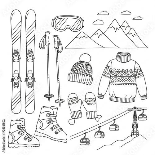 A black and white vector illustration of various skiing and snowboarding equipment and accessories, including skis, boots, goggles, and a ski lift, set against a backdrop of mountains and clouds.
