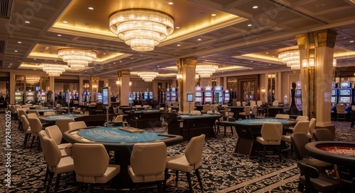 Elegant casino interior with tables lights and slot machines creating ambiance