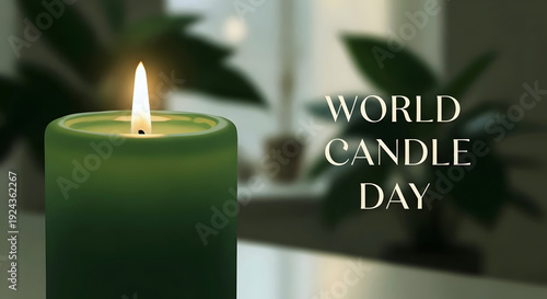 Green Candle with Ornamental Plants Indoors – World Candle Day Ambiance and Relaxation Concept