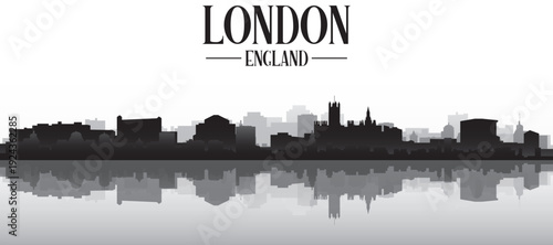 Black and white panoramic poster of the city skyline with misty background buildings and water reflection of LONDON, UNITED KINGDOM