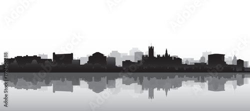 Black and white panoramic poster of the city skyline with misty background buildings and water reflection of LONDON, UNITED KINGDOM