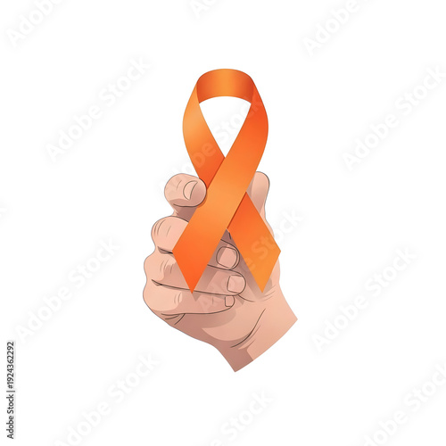 Hand Holding Orange Awareness Ribbon – Self Injury Awareness Day Support and Mental Health Advocacy Concept , transparent background 