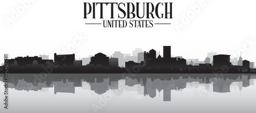 Black and white panoramic poster of the city skyline with misty background buildings and water reflection of PITTSBURGH, UNITED STATES