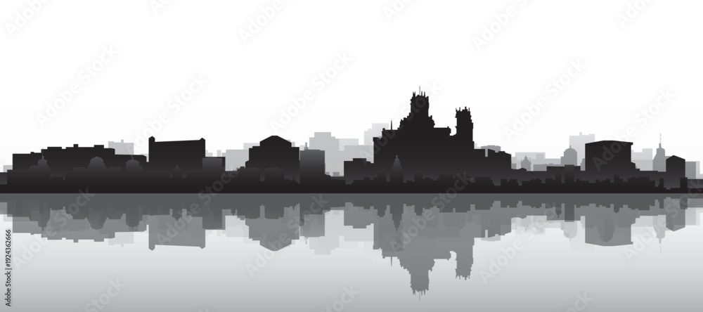 Obraz premium Black and white panoramic poster of the city skyline with misty background buildings and water reflection of MADRID, SPAIN