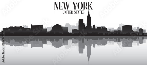 Black and white panoramic poster of the city skyline with misty background buildings and water reflection of NEW YORK, UNITED STATES