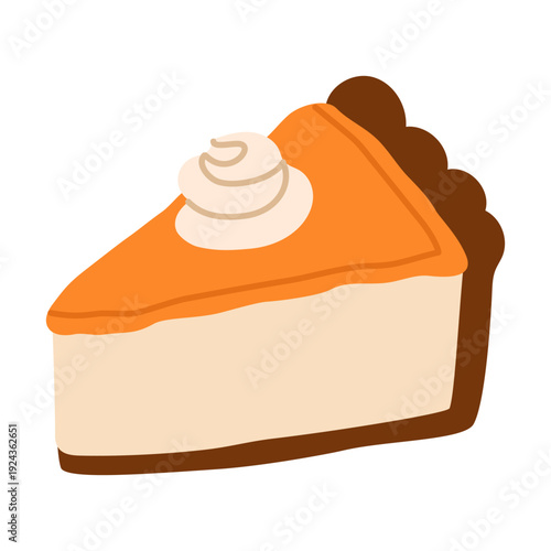 Pumpkin pie slice with whipped cream. Cozy autumn dessert illustration for bakery menus, thanksgiving branding, packaging, and seasonal promotions. Hand drawn vector illustration.