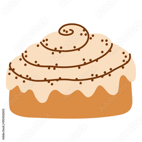 Cinnamon roll pastry with sweet icing swirl. Cozy autumn bakery illustration for seasonal menus, cafe branding, packaging, and dessert design. Hand drawn vector illustration.