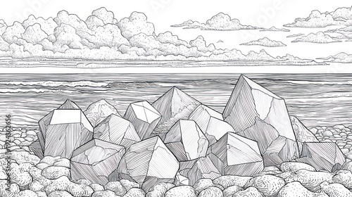 Intricate grayscale pen and ink illustration of crystalline structures on a pebble beach with ocean & clouds