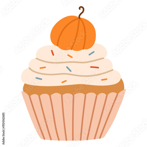 Pumpkin cupcake with cream frosting decoration. Cozy autumn bakery illustration for fall dessert menus, packaging, branding, and seasonal promotions. Hand drawn vector illustration.