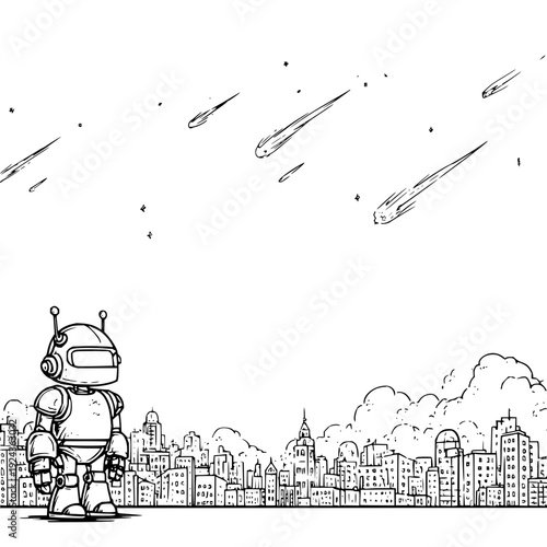 Robot Watching Meteors Fall over Cityscape