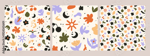 Abstract plants seamless pattern. Minimalist flower foliage texture. Summer botanical background. Colorful leaves, sun, moon. Floral flat vector wallpaper, textile, wrapping paper design