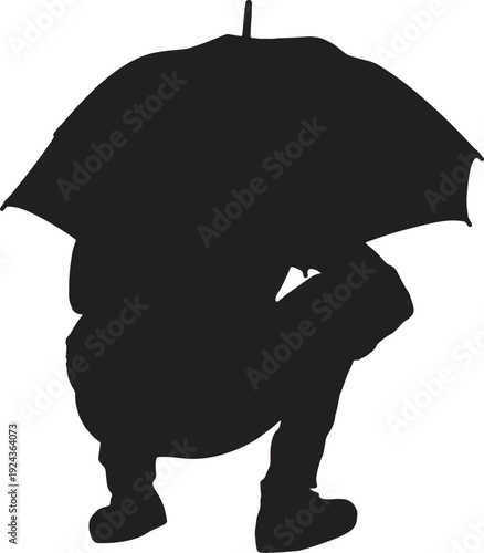 vector, Side view silhouette of a man squatting with an open umbrella