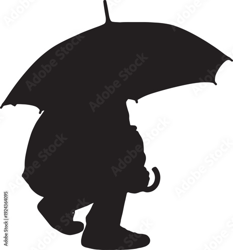 vector, Side view silhouette of a man squatting with an open umbrella