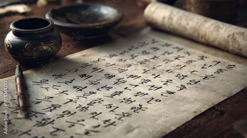 Ancient asian calligraphy on aged paper scroll with ink and brush