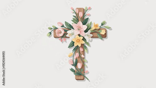 Easter cross icon with colorful flowers and leaves on white background
