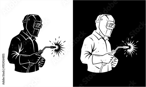 Skilled welder in protective gear performing welding work with sparks.