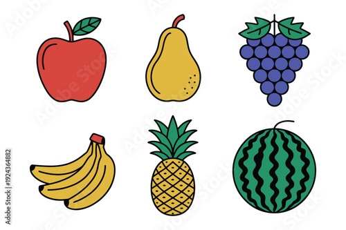 Colorful Cartoon Fruits Collection: Apple, Pear, Grapes, Bananas