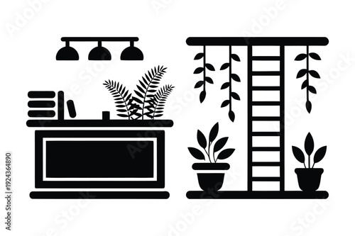 Black and White Silhouettes of Home Office Desk with Plants