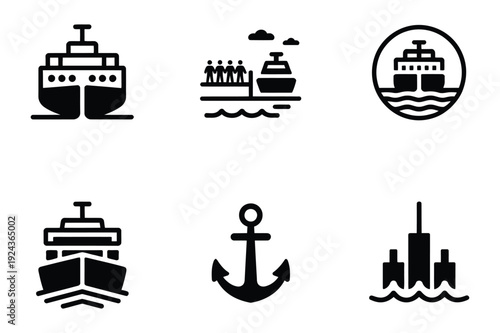 Maritime Icons: Ships, Anchor, City Skyline, Nautical Theme