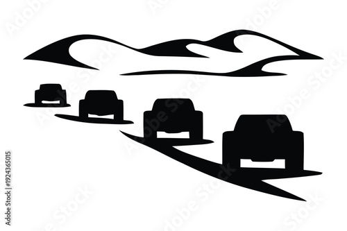 Desert Safari Icons: Cars Driving on Sand Dunes