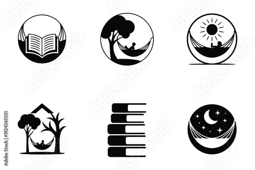 Reading and Relaxation Icons: Hammock, Books, Nature, Night Sky