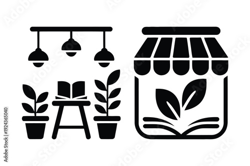 Shop Icons: Bookstore, Plants, Lighting, Organic Store