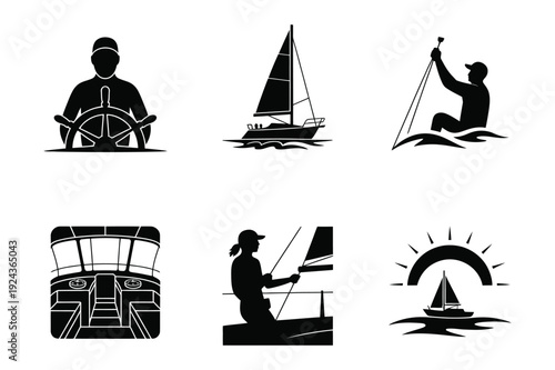 Sailing Icons: Yacht, Sailboat, Steering Wheel, Paddleboard
