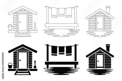 Sauna Icons: Traditional Bathhouse, Towels, Bucket, Wood