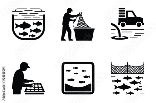 Fish Farming Icons: Aquaculture and Harvest