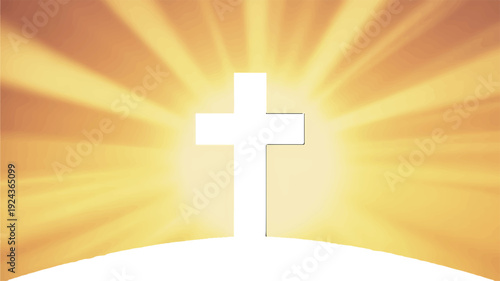 Minimalist white cross symbol on radiant yellow background with sunburst effect representing faith and spirituality