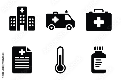 Medical and Healthcare Icons: Hospital, Ambulance, First Aid
