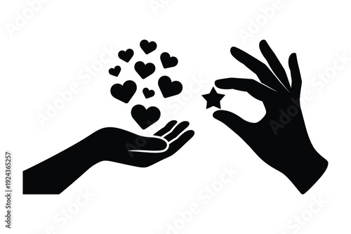 Giving hearts and receiving star, illustration of kindness and wishes