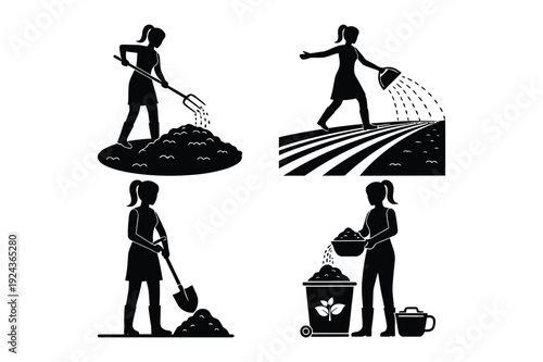 Woman farming, tilling soil and watering plants for growth