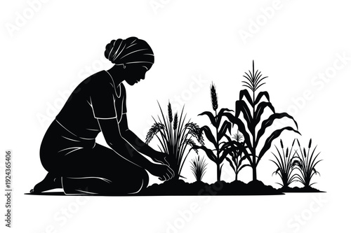 Farmer woman planting crops silhouette vector illustration
