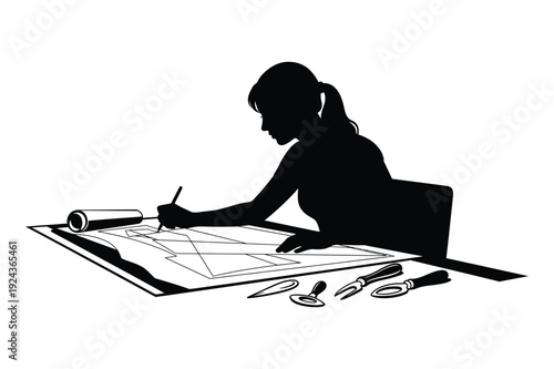 Woman architect sketching blueprints with drafting tools