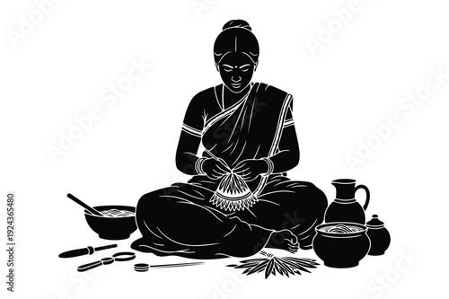 Indian woman weaving basketry with tools and pots