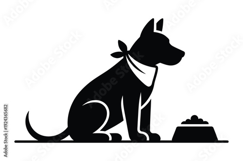 Dog wearing bandana sitting by food bowl, silhouette illustration